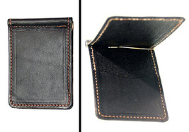 Bi-Fold LEATHER MONEY CLIP w CARD POCKET - BLACK Minimalist Amish Handma... - $24.97