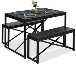 Modern 3-Piece Dining Set - Metal Frame Black Wood Top Table and 2 Bench Chairs - $6,101.91 MXN