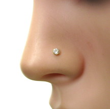 Single Stone CZ Piercing Screw Nose stud Solid Real 14k Yellow Gold L Bend Pin07 - £41.70 GBP