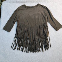 BERSHKA Cowgirl faux microsuede crop top with FRINGE and 3/4 sleeves in ... - $18.00