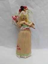 Vintage Holiday Corn Husk Girl Holding A Bucket Ornament 7&quot; - £21.80 GBP
