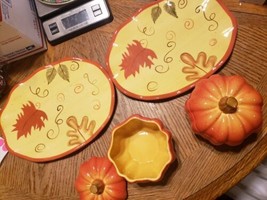 Home and Garden Party 2 Stoneware Pumpkin Cracker Platter &amp; Dip Bowl w/ Lid - £29.77 GBP