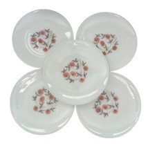 Anchor Hocking Fire King 9&quot; Plates Fleurette Pink Flower Milk Glass Set of 5 Vtg - £16.41 GBP