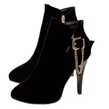 Ankle Boots Woman Pointed Toe Thin Heels Flock Zipper Buckle Chains Big Size 30- - £55.14 GBP