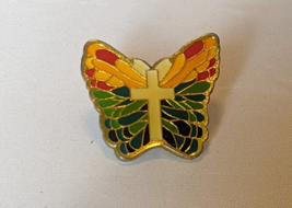 Vtg Religious Gold in Color ENAMEL Colorful Butterfly with CROSS Hat Lapel Pin - £5.59 GBP