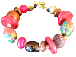 Vintage Glass Wood Plastic Bead Toggle Clasp Bracelet Red Multicolor Y2K - $4.94