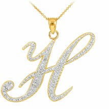 14k Solid Yellow Gold Diamonds Initial Script Letter H Pendant Necklace - £239.66 GBP+