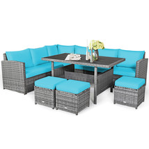 7 Pcs Patio Rattan Dining Set Sectional Sofa Couch Ottoman Turquoise - £715.83 GBP