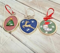  3 VTG Handmade Christmas Ornaments Round Goldtone Plastic Frame Santa Deer Tree - £4.87 GBP