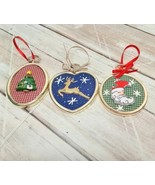  3 VTG Handmade Christmas Ornaments Round Goldtone Plastic Frame Santa D... - £4.90 GBP
