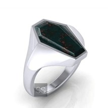 Natural Bloodstone Ring For Men Silver Coffin Shaped Bloodstone Signet Ring - £67.63 GBP