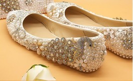White pearl beads Womens wedding shoes Bride high woman party dress shoes Luxury - £78.83 GBP