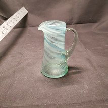 4 1/2&quot; vintage striped glass pitcher, blue, white swirl - £7.85 GBP