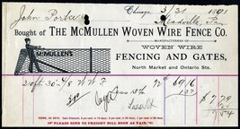 1891 McMULLEN WOVEN WIRE FENCE Chicago IL Antique Billhead Document Rece... - £6.38 GBP