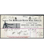 1891 McMULLEN WOVEN WIRE FENCE Chicago IL Antique Billhead Document Rece... - £6.31 GBP