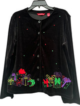 Merry &amp; Bright Black Velvet UGLY Christmas Presents Button Up Sweater Si... - £9.43 GBP