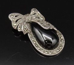 925 Silver - Vintage Pear Shaped Onyx &amp; Marcasite Bow Tie Pendant - PT21761 - £29.74 GBP