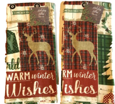 Warm Winter Wishes Dish Towels 100% Cotton 16x26&quot; set of 2 Christmas Deer Cabin  - $24.47