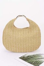 Faux Straw Hobo Bag with Metal Handle - Chic &amp; Spacious Everyday Tote - £23.10 GBP