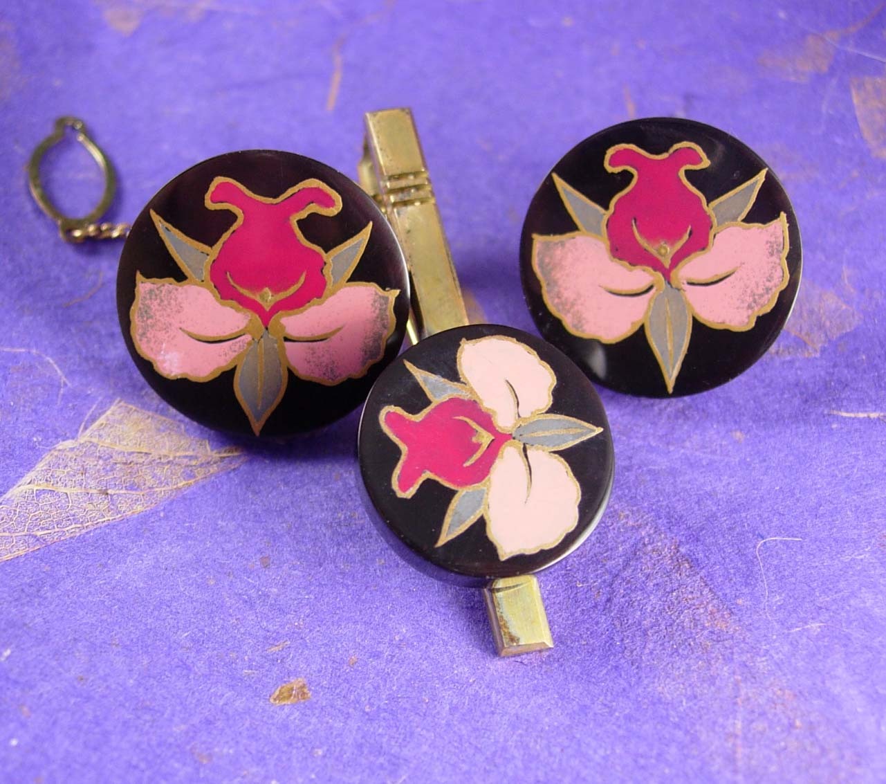 Antique sterling silver cufflinks lacquer hand painted flower tie clip set Japan - £220.88 GBP