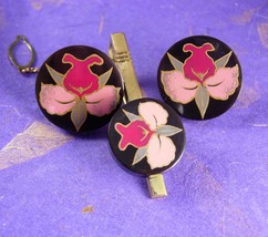 Antique sterling silver cufflinks lacquer hand painted flower tie clip set Japan - £221.69 GBP