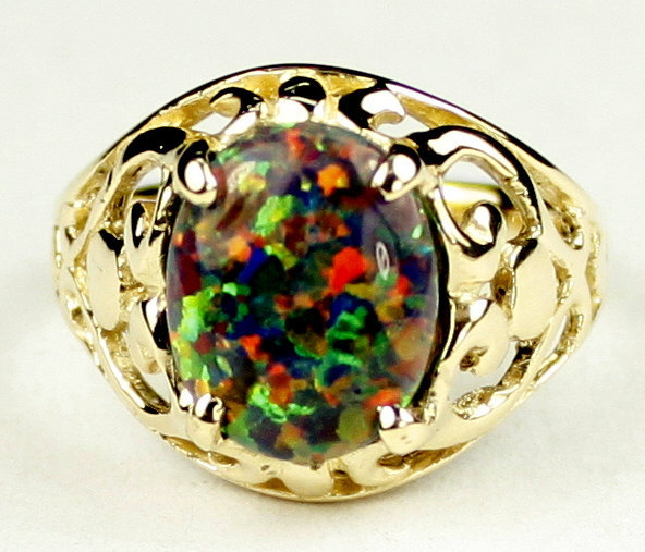 R004, Created Black Opal, 10KY Gold Ring