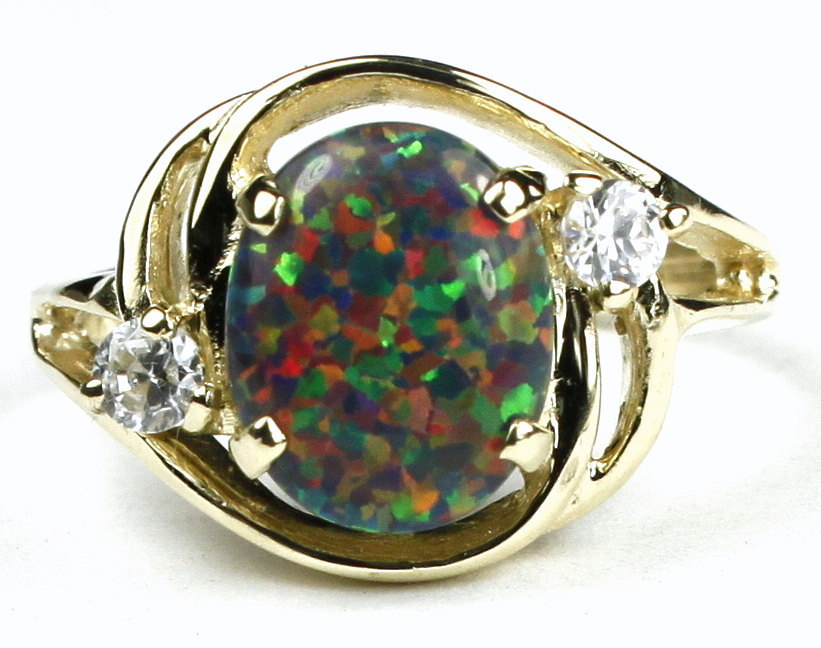 R021, Created Black Opal, 10KY Gold Ring