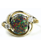 R021, Created Black Opal, 10KY Gold Ring - £207.58 GBP