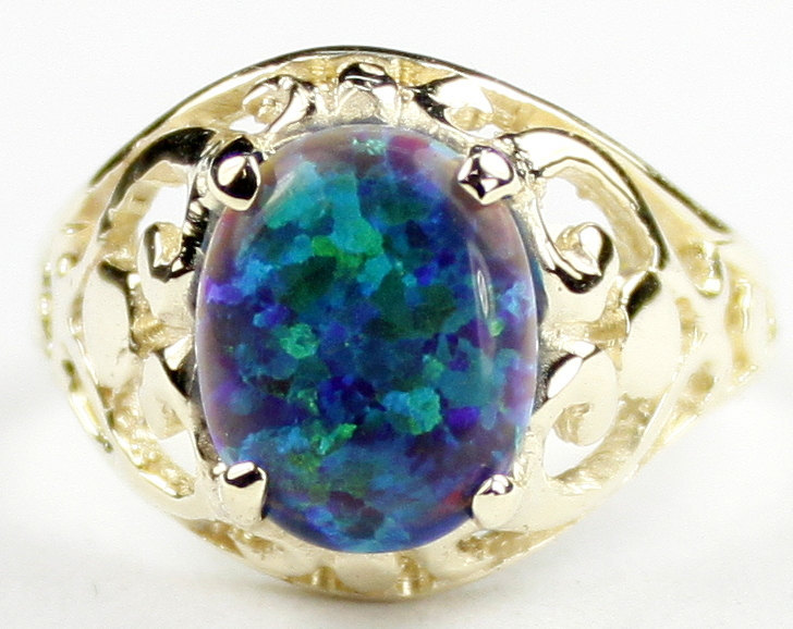 R004, Created Green on Blue Opal, 10KY Gold Ring