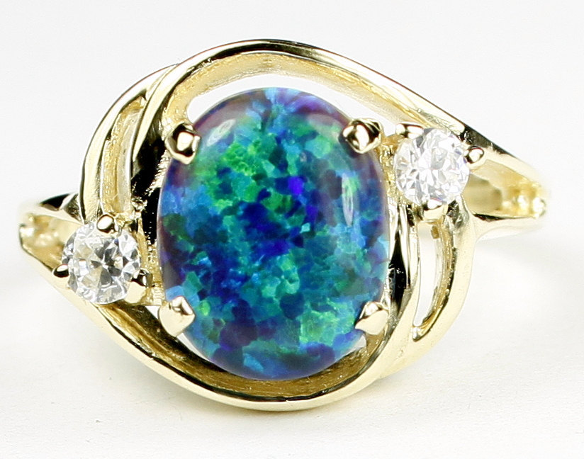R021, Created Blue Green Opal, 10KY Gold Ring