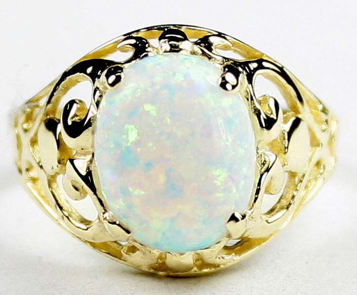 R004, Created White Opal, 10KY Gold Ring