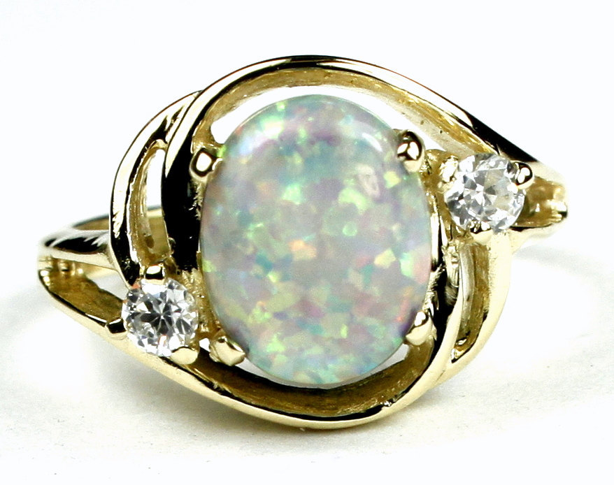 R021, Created White Opal, 10KY Gold Ring