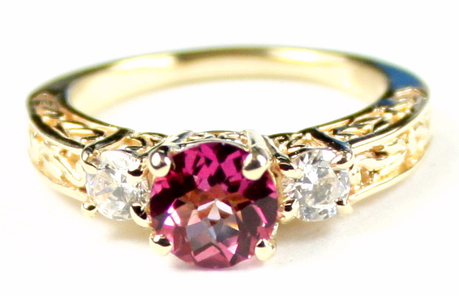 R254, Created Pink Sapphire w/ 2 Accents, 10KY Gold Ring