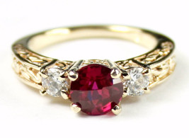 R254, Created Ruby w/ 2 Accents, 10KY Gold Ring - £222.11 GBP