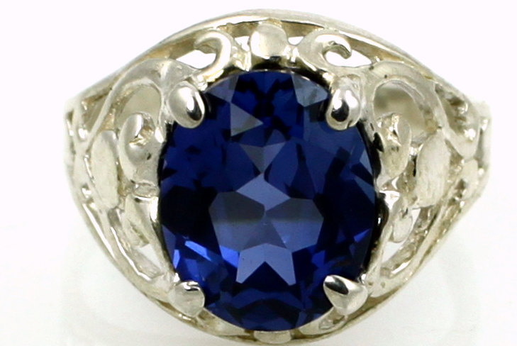SR004, Created Blue Sapphire, 925 Sterling Silver Ring