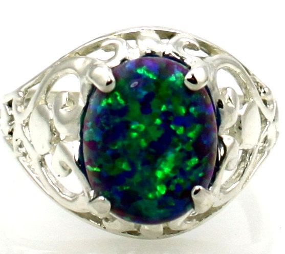 SR004, Created Blue/Green Opal, 925 Sterling Silver Ring