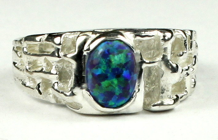 SR197, Created Blue/Green Opal, 925 Sterling Silver Men's Ring