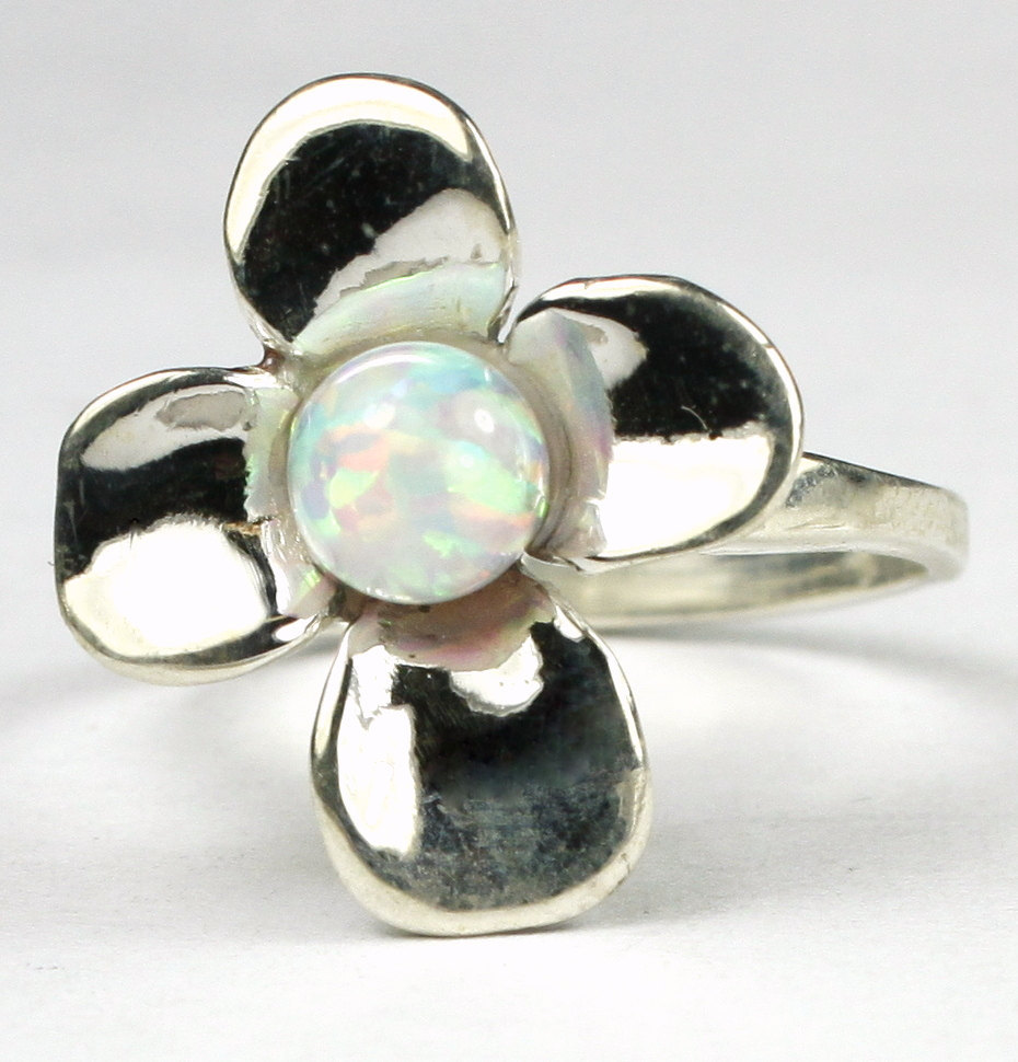 SR315, 6mm Created White Opal, 925 Sterling Silver Dogwood Ring