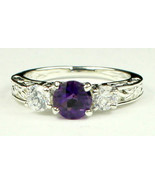 SR254, Amethyst w/ CZ Accents, 925 Sterling Silver Engagement Ring - £43.81 GBP