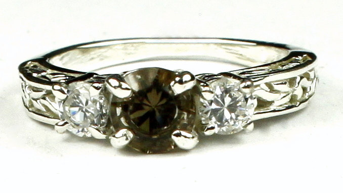 SR254, Smoky Quartz w/ CZ Accents, 925 Sterling Silver Engagement Ring - £34.83 GBP