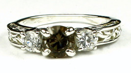 SR254, Smoky Quartz w/ CZ Accents, 925 Sterling Silver Engagement Ring - £35.09 GBP