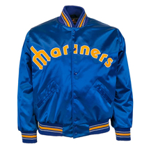 MLB Seattle Mariners Vintage Royal Blue Satin Varsity Baseball Letterman Jacket - £108.21 GBP