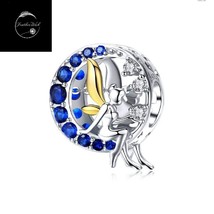 Genuine Sterling Silver 925 Moon Fairy Bead Charm For Bracelets With CZ &amp; Gold - £13.85 GBP