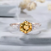 Vintage Hexagon Cut Natural Citrine 925 Sterling Silver Cocktail Ring For Her - £408.49 GBP