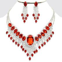 Elegant Designer Silver Red Crystal Necklace Bib Collar Pendant Earring  Set - £40.77 GBP