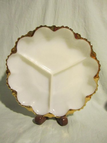 Vintage Anchor Hocking Fire-King Milk Glass Divided Relish Tray Plate w/ Gold... - £19.52 GBP