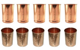Copper Water Drinking Tumbler Glass 5 Smooth 5 Hammered Health Benefit Set Of 10 - £47.08 GBP