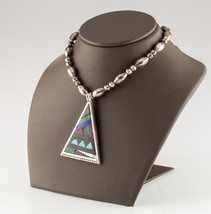 Gorgeous Sterling Silver Lapidary Inlay Pendant with Silver Bead Chain - $475.20