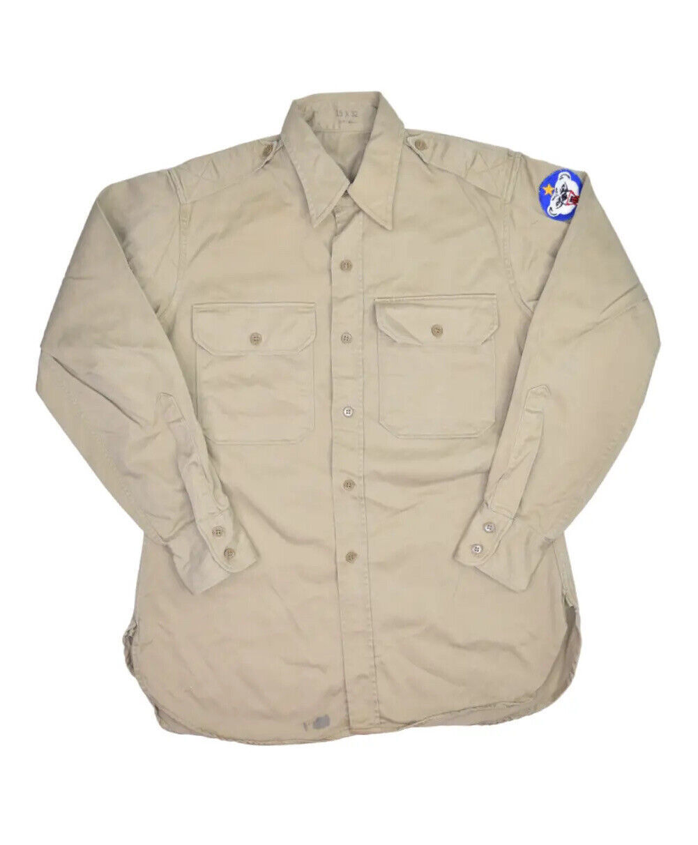 Vintage 1946 US Army Cotton Shirt Mens 15 Khaki Stand Up Collar Alaska Defense - $32.85
