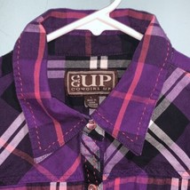 Cowgirl Up Women L Button Down Long Sleeve Shirt Purple Black Plaid Embroidered  - £13.93 GBP